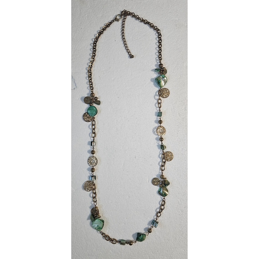 Vintage Bronze Green Abalone Shell Filigree Coin Station Necklace Boho Long 32"